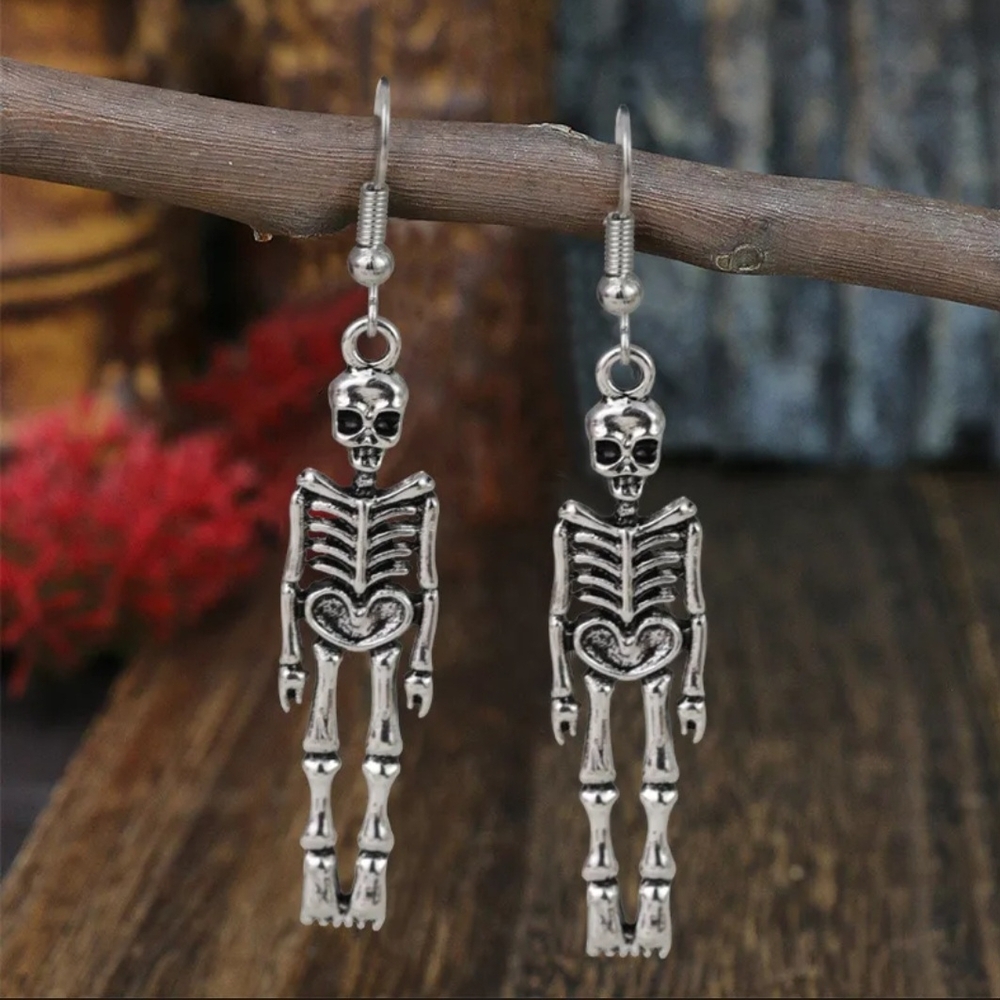 Gothic Skeleton Dangle Earrings Silver